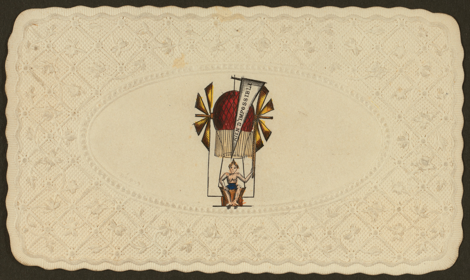 Embossed lace-style card with hand-colored balloon and passenger — historic image