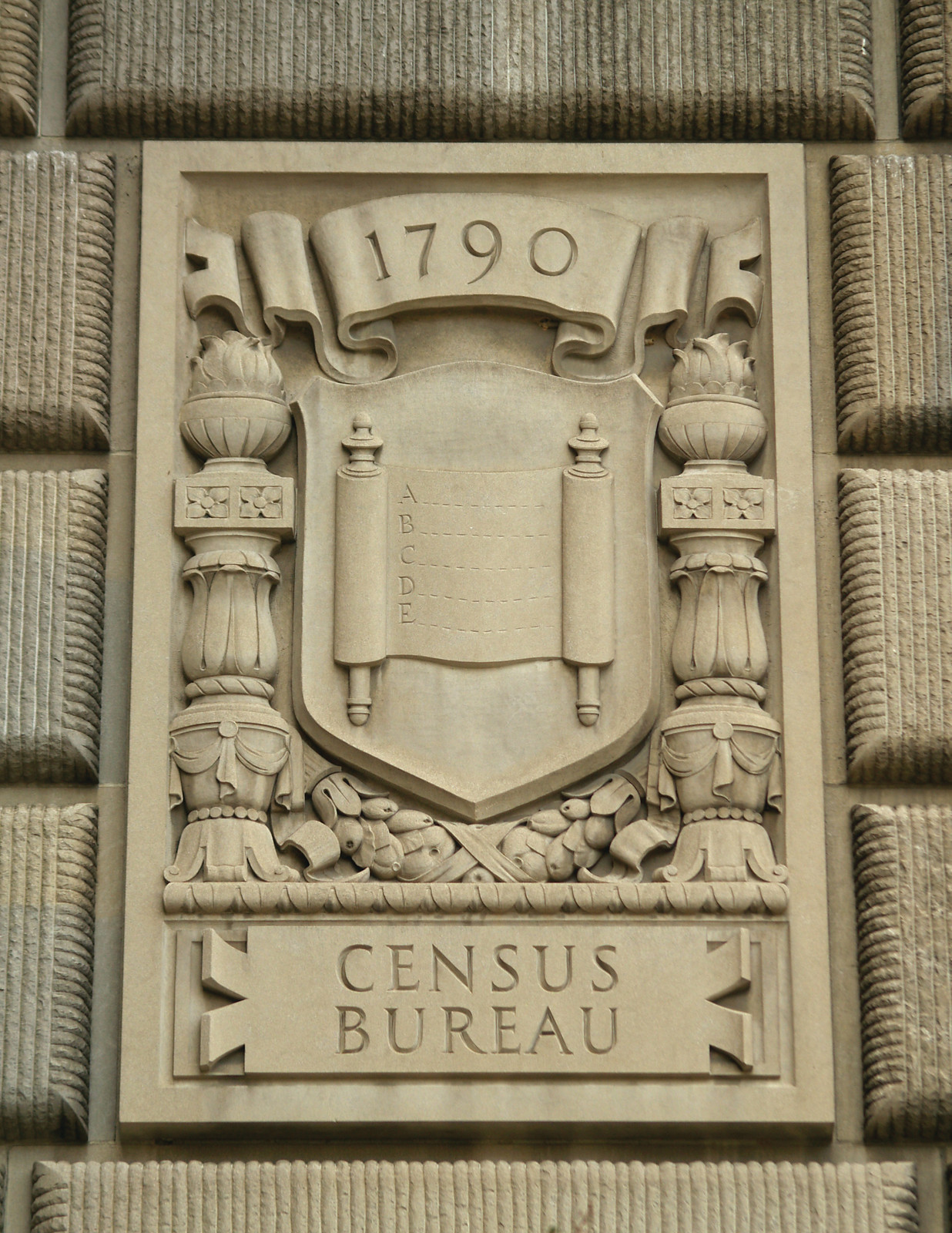 , A... B... C... D... E..., Census Bureau, James Earle Fraser's Limestone Relief Panel, Department Of Commerce Building, Washington, DC, 1790 — historic image