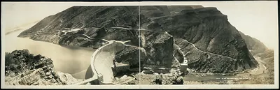 Panoramic general view of Roosevelt Dam and reservoir