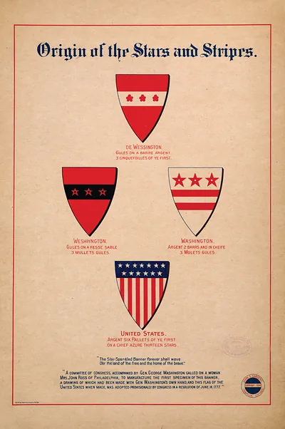 Origin of the stars and stripes. [4 colored cuts of banners] "A committee of Congress accompanied by Gen. George Washington called on a woman Mrs. John Ross of Philadelphia, to manufacture the first specimen of this banner, a drawing of which ha