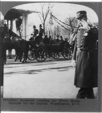 President [Theodore] Roosevelt leaving the White House grounds for the Capitol, Washington, D.C.