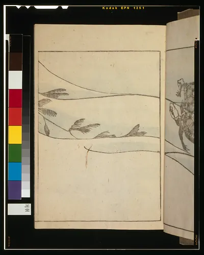 Japanese woodblock book pages with grasses and a frog