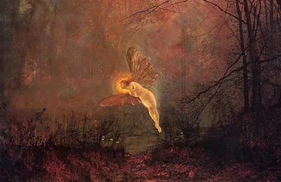 Winged fairy flying over a pond at dusk