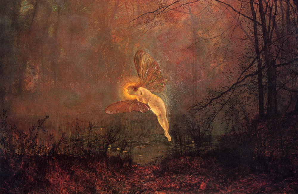 Winged fairy flying over a pond at dusk — historic image