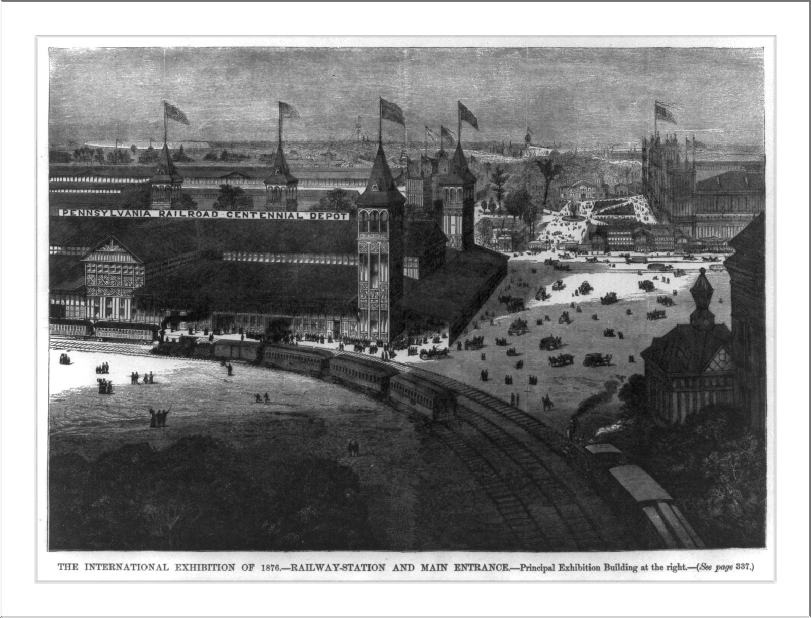 Pennsylvania RR Centennial Depot and main entrance to Exhibition — antique engraving