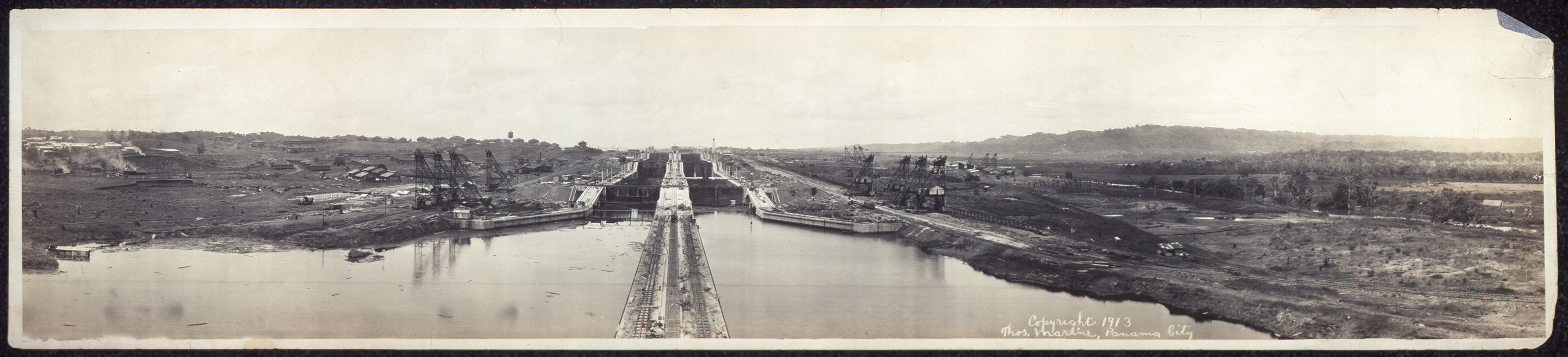 Panoramic photograph of Panama Canal locks under construction — historic photograph