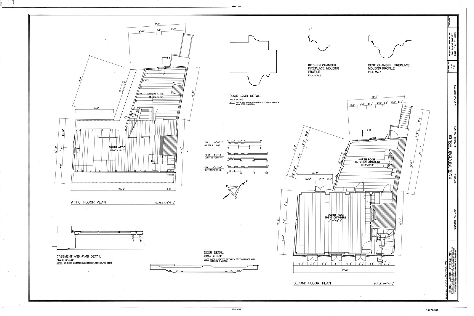 Paul Revere House: Attic and Second Floor Plans, Moldings and Details — historic image
