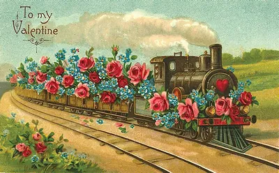 To my Valentine: train decorated with roses and forget-me-nots