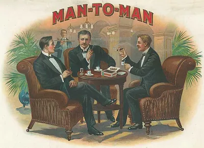 Man-to-Man cigar box label with three seated gentlemen