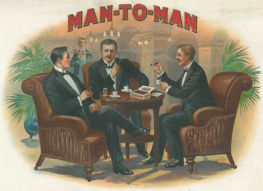 Man-to-Man cigar box label with three seated gentlemen — historic image