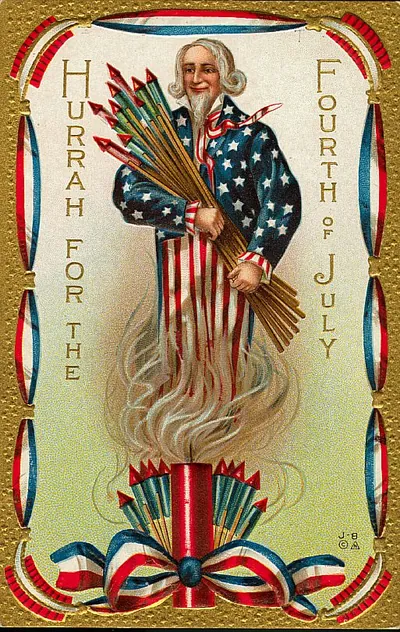 Hurrah for the Fourth of July, Uncle Sam with fireworks postcard