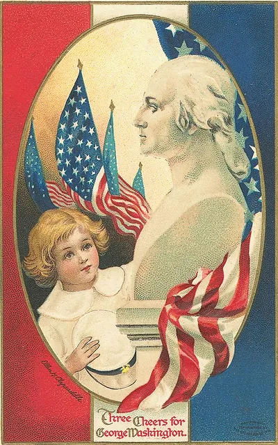 Three Cheers for George Washington postcard with child and flags