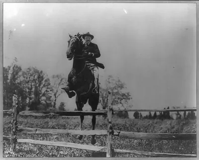 [Theodore Roosevelt on horseback jumping over fence]
