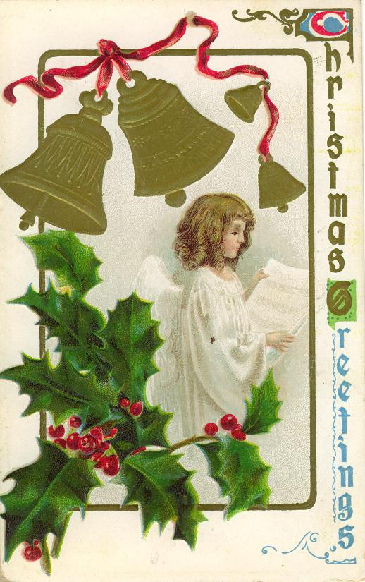 Christmas greeting card with angel and bells — historic image