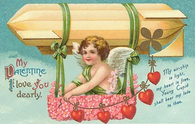 Vintage Valentine card: cupid in airship basket with verse