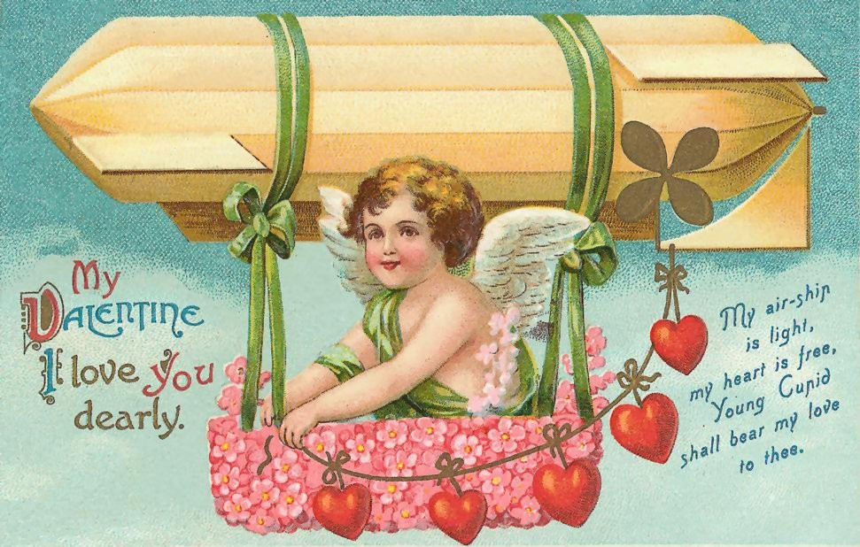 Vintage Valentine card: cupid in airship basket with verse — historic image