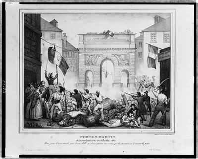 Porte St. Martin--Sçéne des baricades du 28 Juillet 1830 ... / litho. Guerrier, Cloutre des Bernardins.