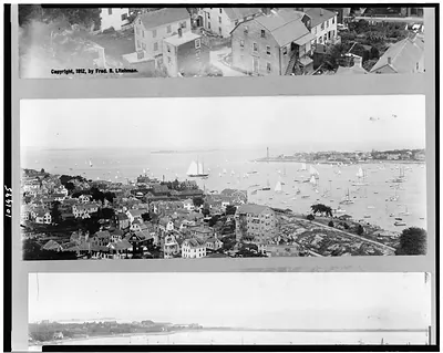 [Bird's-eye view of Marblehead, Massachusetts, with boats on water]