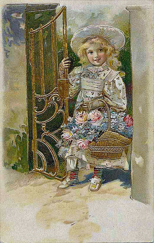 Young girl with flower basket at gate — historic image