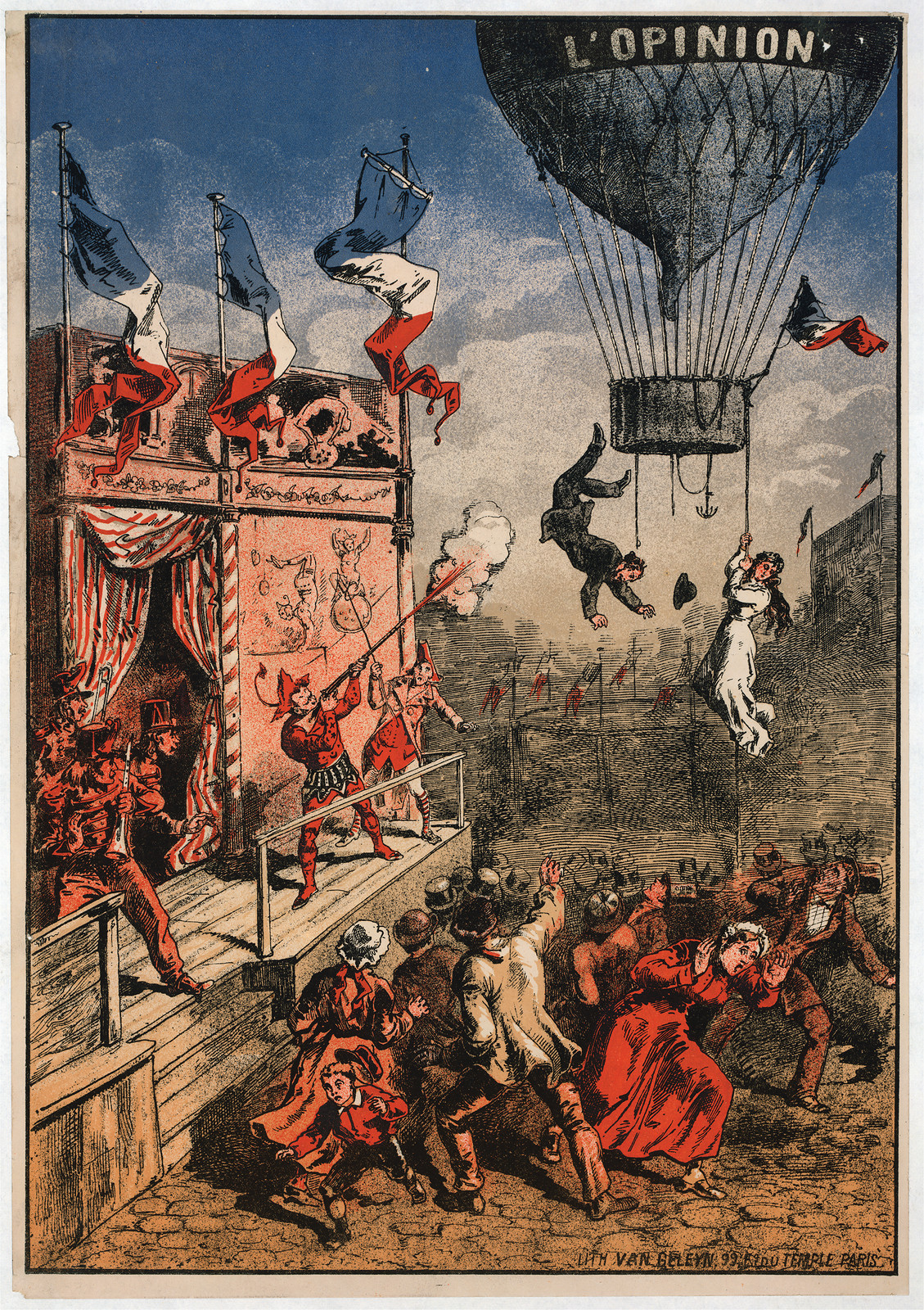 Balloon marked L'Opinion over a fleeing crowd, color lithograph — antique lithograph