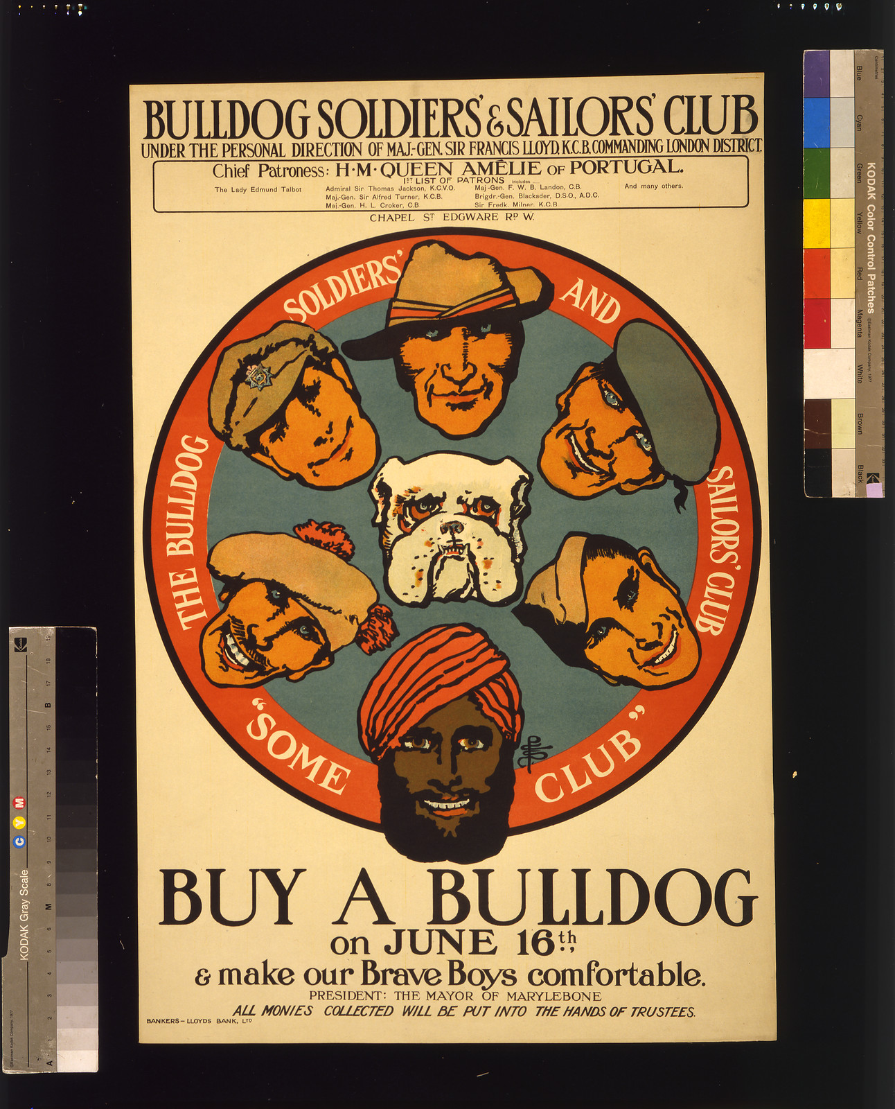 Buy a bulldog on June 16th & make our brave boys more comfortable. Bulldog Soldiers' & Sailors' Club / PCS [monogram]. — vintage poster