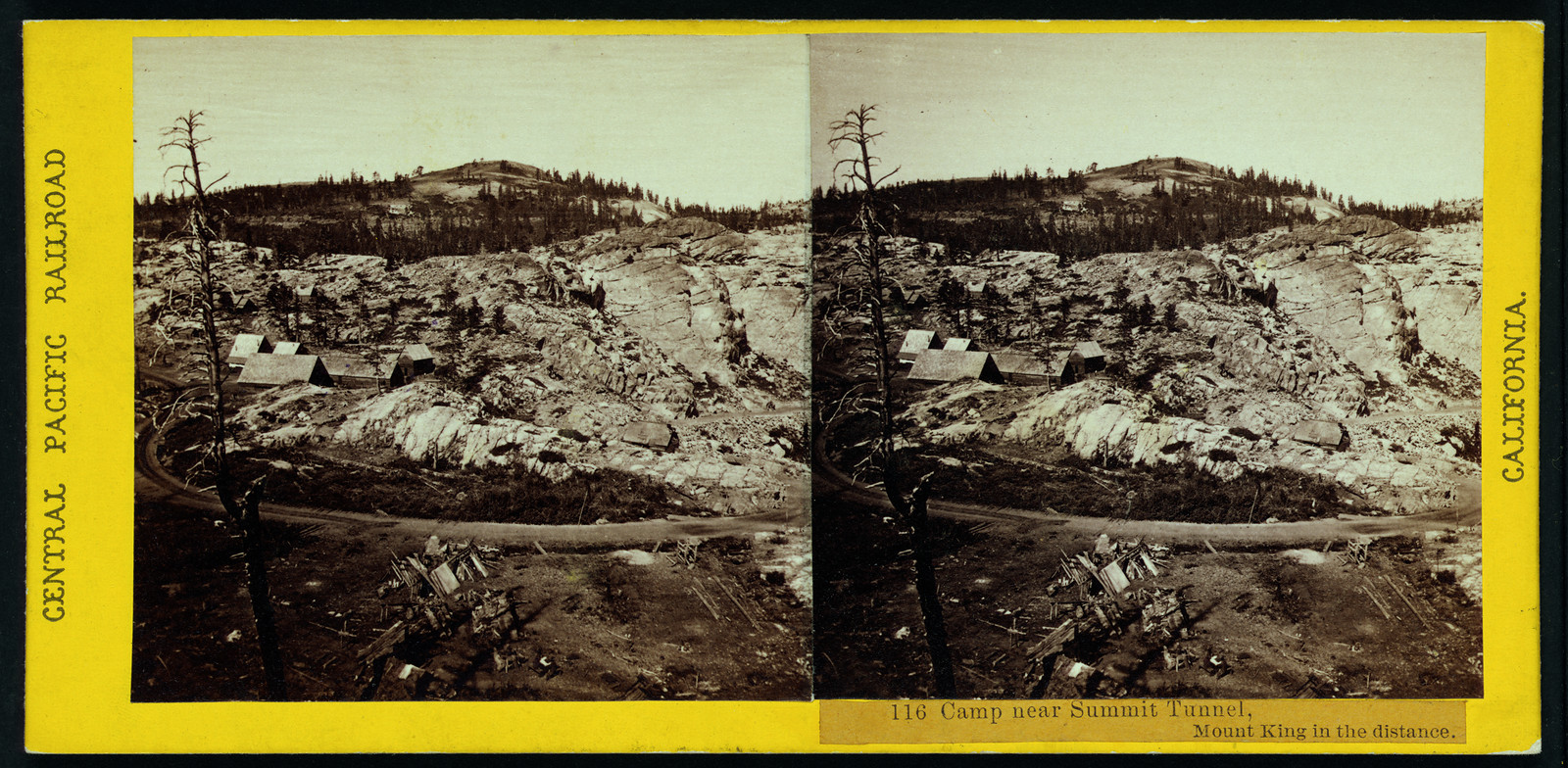 Camp near Summit Tunnel Mount King in the distance, 1865 — historic photograph