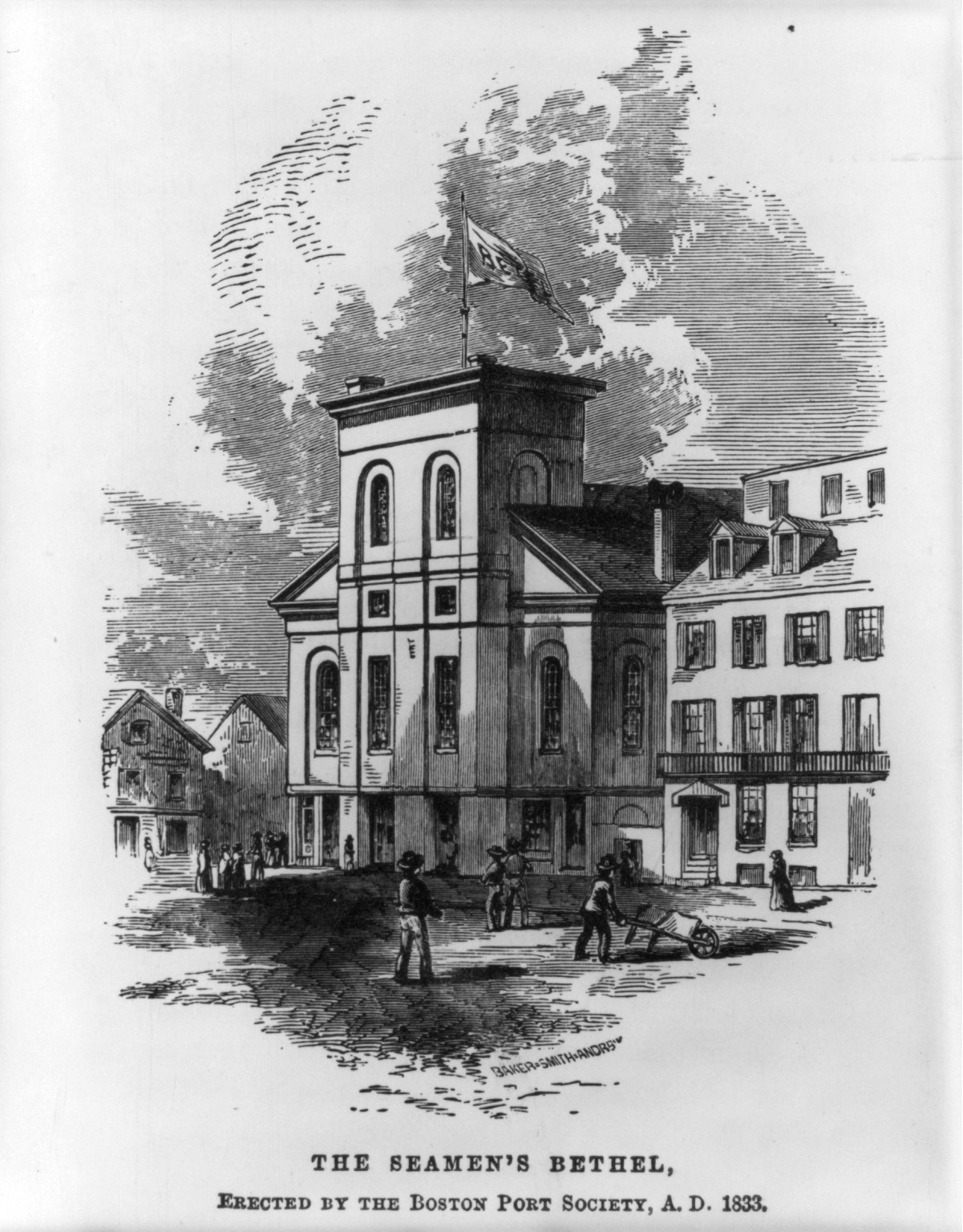 The Seamen's Bethel, erected by the Boston Port Society, A.D. 1833 — antique engraving