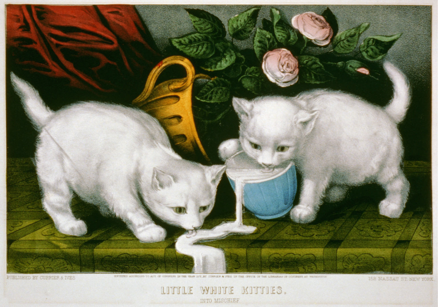 Little white kitties: into mischief, New York : Published by Currier & Ives, c1871. — antique lithograph