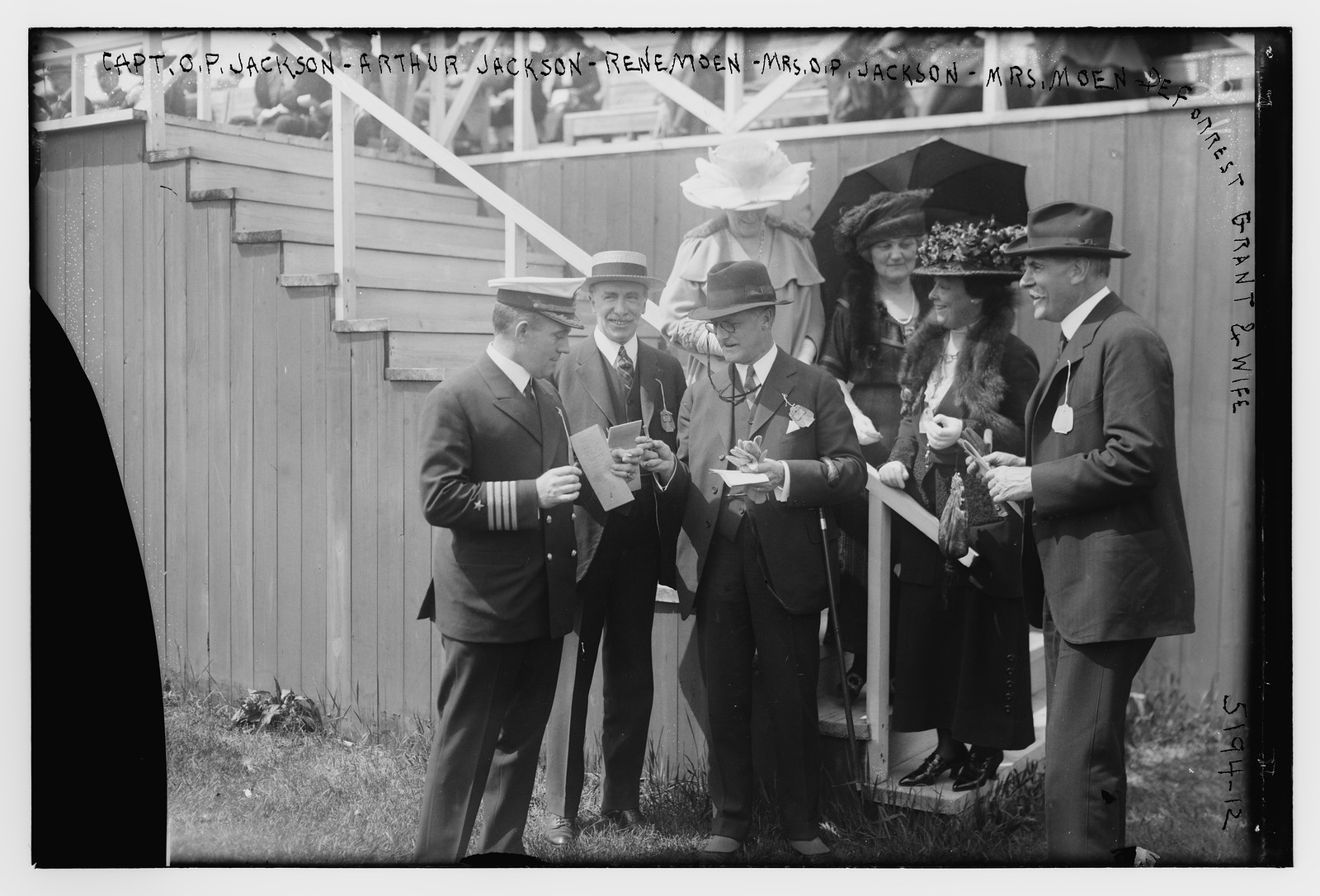 Capt. OP Jackson, Arthur Jackson, Rene Moen, Mrs. OP Jackson, Mrs. Moen, Deforrest Grant and wife, n/a — historic photograph