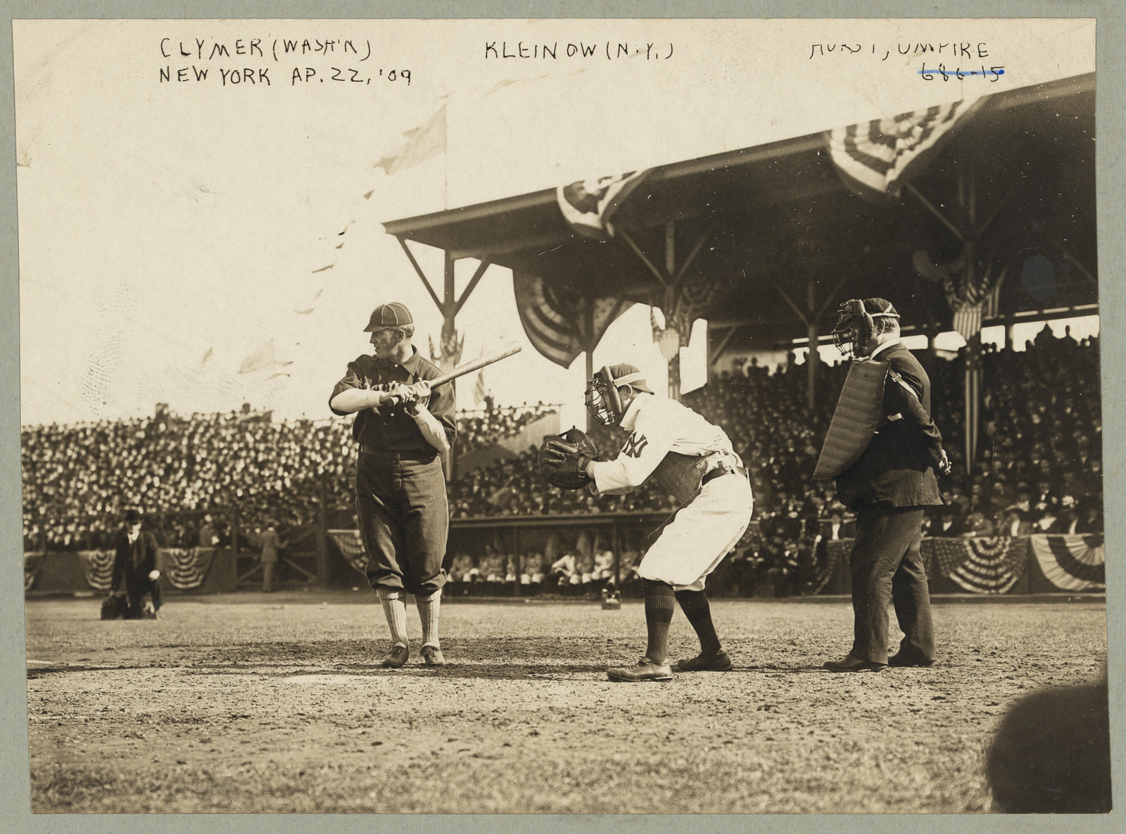 [Otis Clymer, Washington AL batting, and Red Kleinow, New York AL catching (baseball)], [1909] — historic photograph