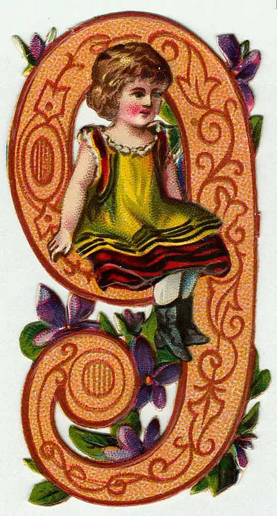 Die-cut scrap of a girl on an ornate letter with violets