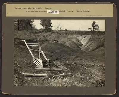 Erosion gullies with abandoned plow, Jackson County, Alabama, 1937
