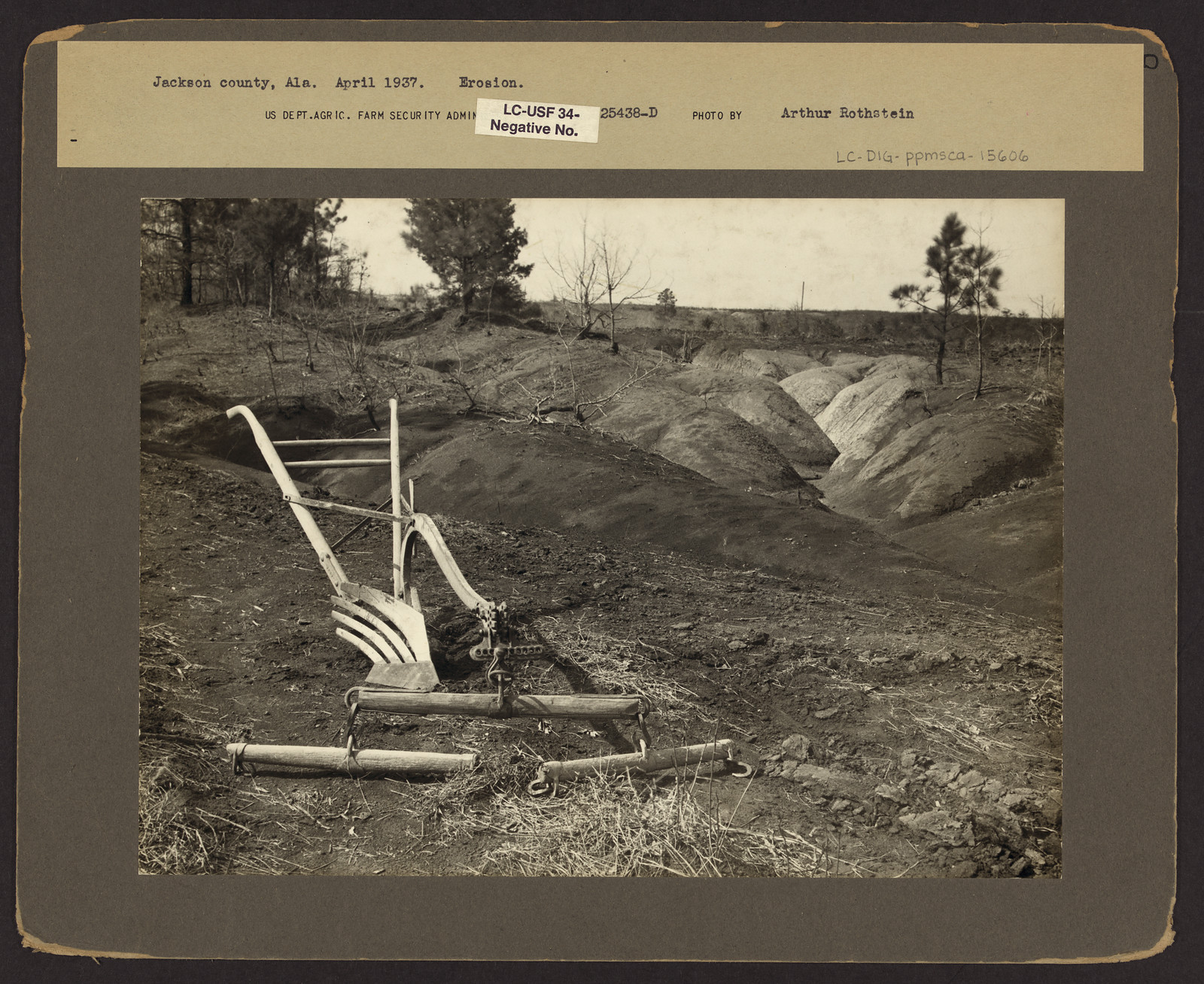 Erosion gullies with abandoned plow, Jackson County, Alabama, 1937 — historic image
