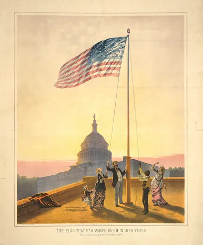 The flag that has waved one hundred years--A scene on the morning of the fourth day of July 1876 / Fabronius ; E.P. & L. Restein's oilchromo, Phila. ; National Chromo Co. pub., Phila.