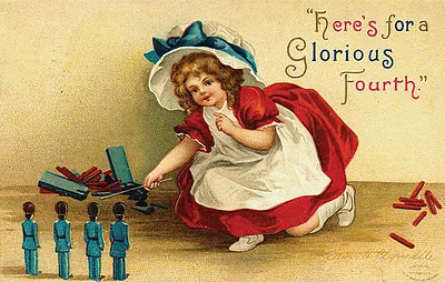 Girl with firecrackers and toy soldiers, 'Here's for a Glorious Fourth'