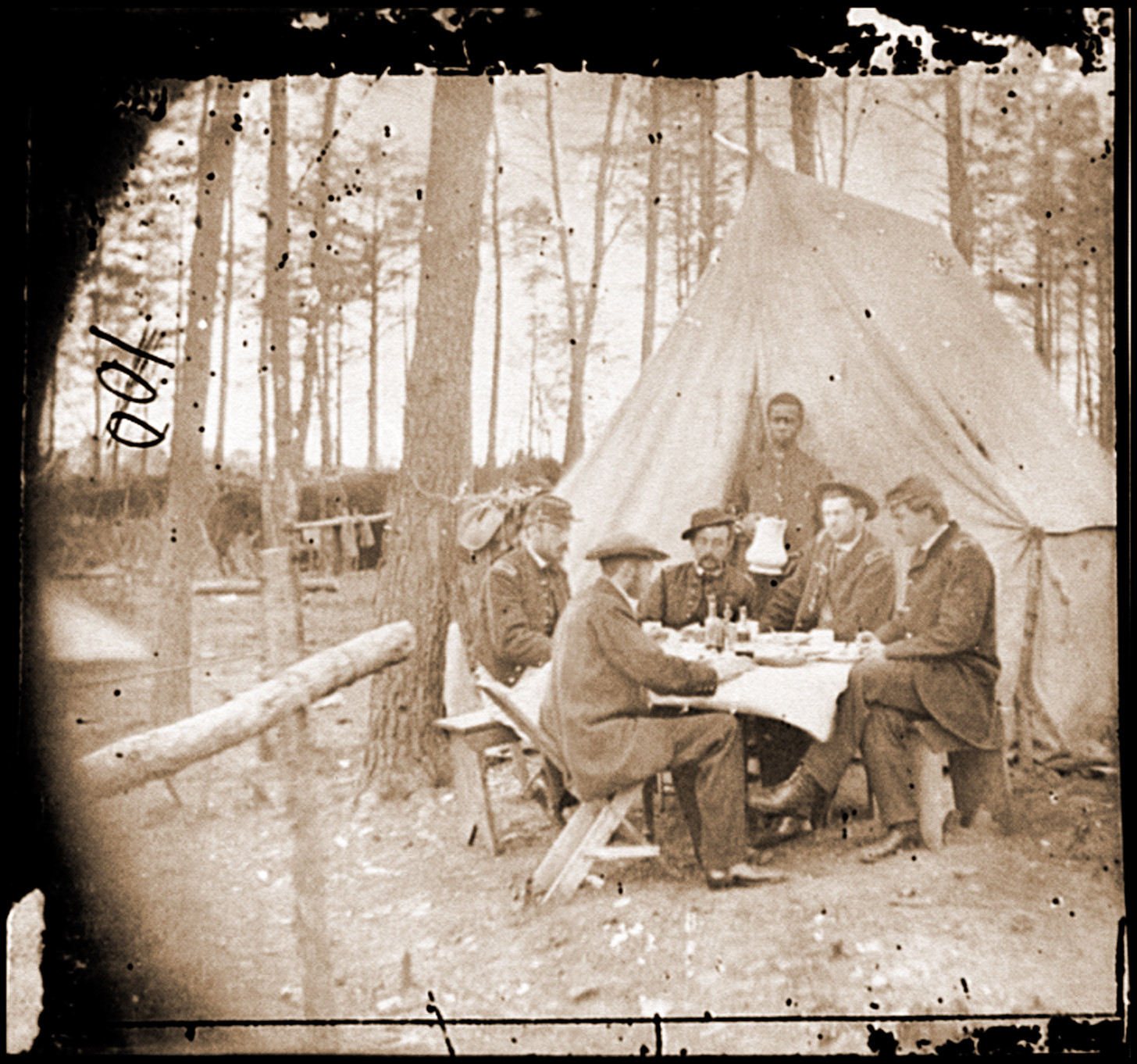 Brandy Station Va. Dinner party outside tent Army of the Potomac headquarters, 1864 — historic photograph