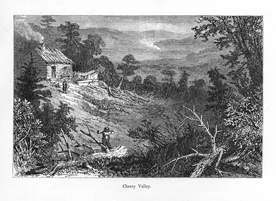 Cherry Valley, log cabin on a wooded hillside