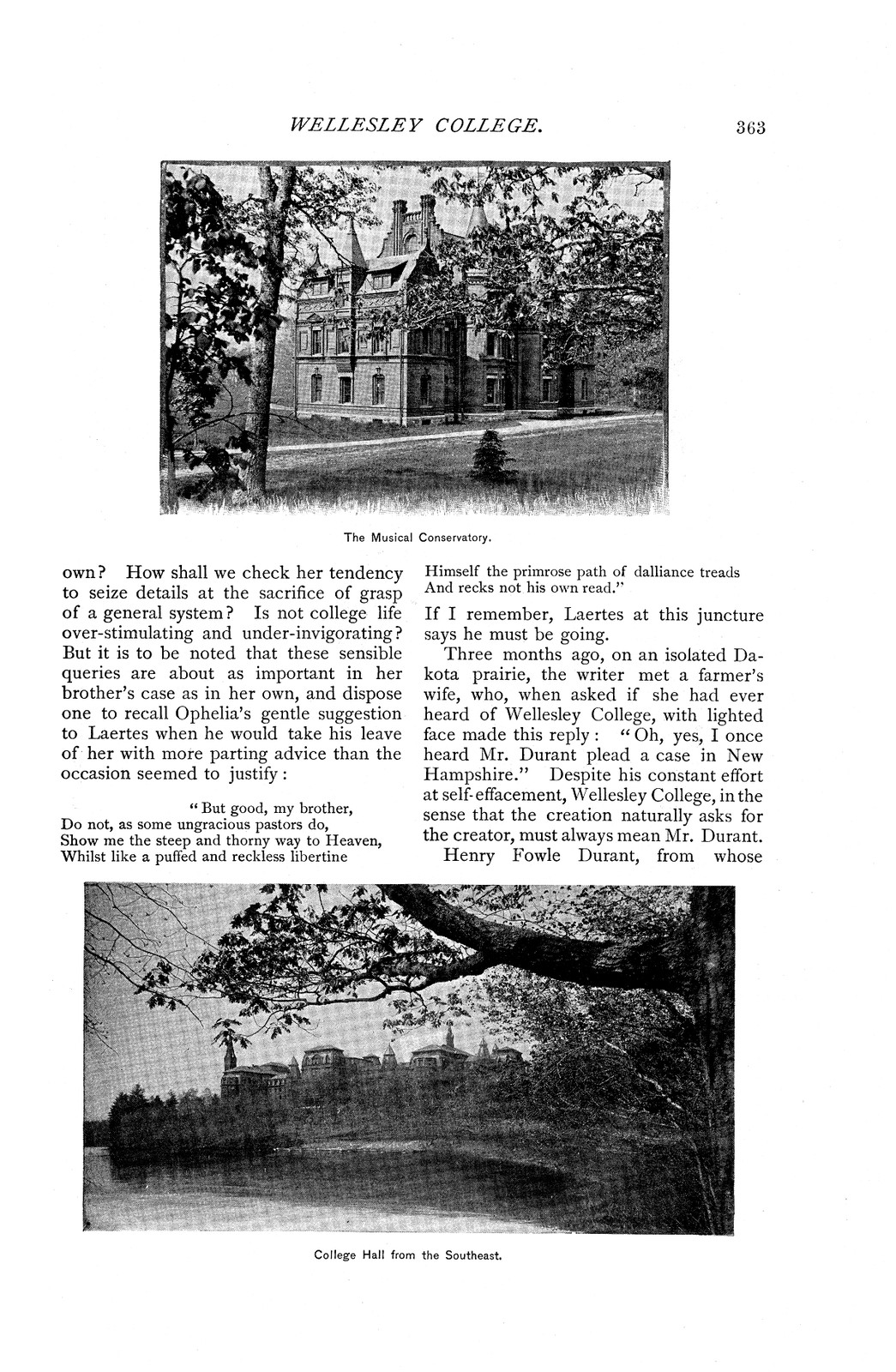Wellesley College Musical Conservatory and College Hall photographs on magazine page — historic photograph