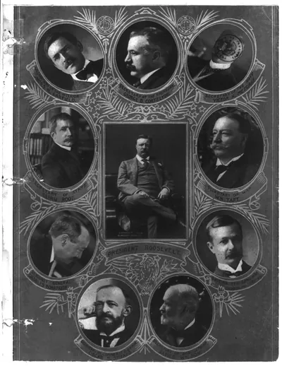 [Theodore Roosevelt and his cabinet: photo of TR surrounded by bust portraits in ovals of - Straus, Wilson, Meyer, Taft, Metcalf, Cortelyou, Garfield, Root, Bonaparte]