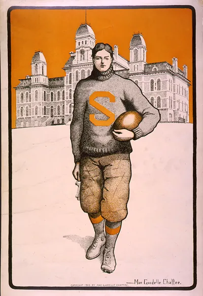 [Syracuse football player full-length standing facing front with Syracuse University behind him] / Mae Goodelle Chaffee.
