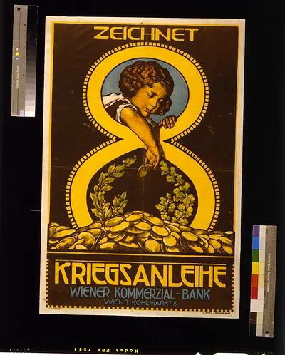 Zeichnet Kriegsanleihe: war loan poster with child and coins