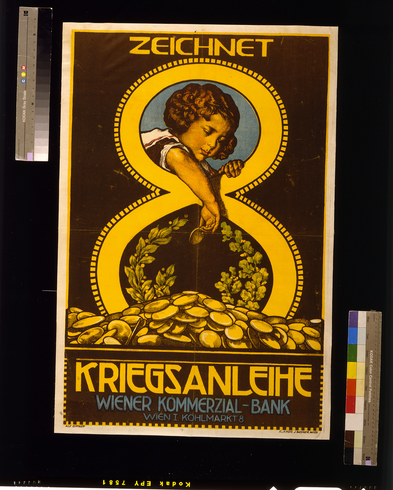 Zeichnet Kriegsanleihe: war loan poster with child and coins, 1918 — vintage poster