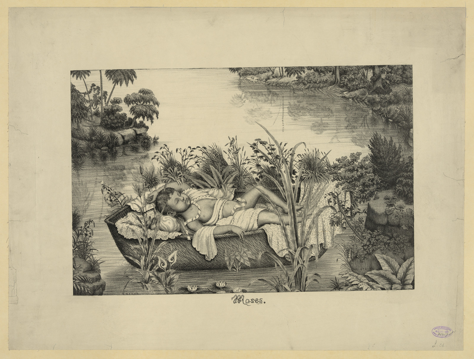 Moses. Lithograph of an infant asleep in a reed basket — antique lithograph