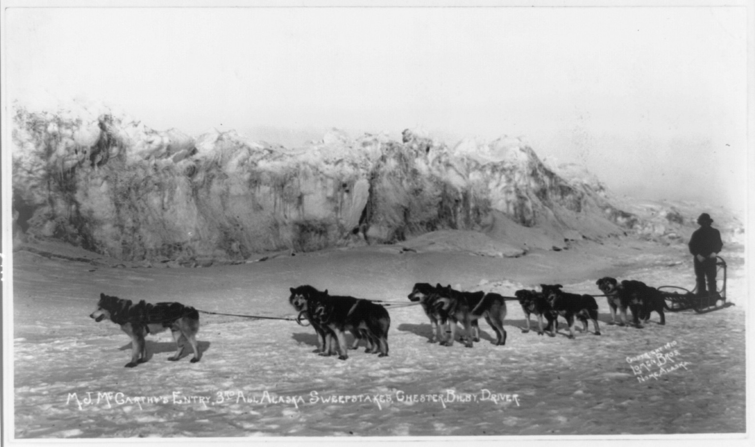 M.J. McCarthy's entry, 3rd All-Alaska sweepstakes, Chester Bilby, driver, c1910. — historic photograph