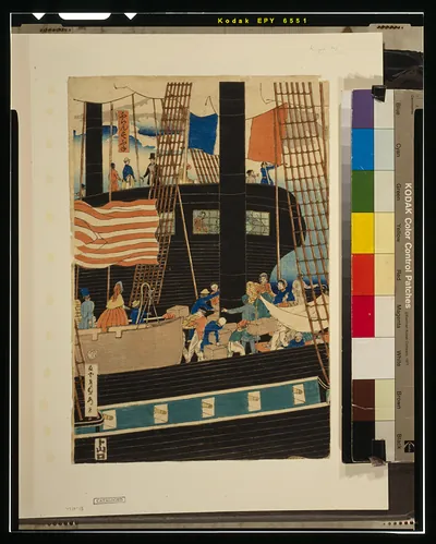 Japanese woodblock print of a Western ship with American flag
