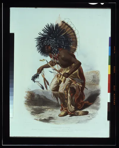 Pehriska-Ruhpa Mönnitarri krieger im auzuge des hundetanzes = Guerrier Monnitarri costumé pour la danse du chien = Moennitarri warrior in the costume of the dog danse [sic] / ch. Bodmer pinx. ad nat. ; René Rollet sc.