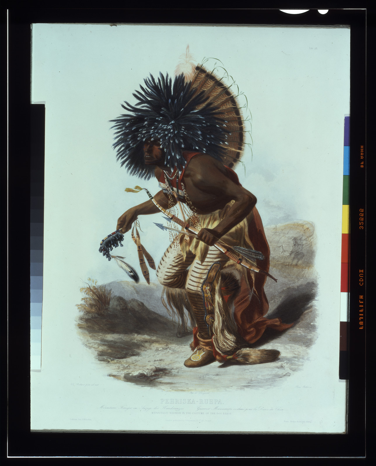 Pehriska-Ruhpa Mönnitarri krieger im auzuge des hundetanzes = Guerrier Monnitarri costumé pour la danse du chien = Moennitarri warrior in the costume of the dog danse [sic] / ch. Bodmer pinx. ad nat. ; René Rollet sc., London : Published by Ackermann & Co. ; Coblenz : bei J. Hölscher , [between 1839 and 1841] (Imp. de Bougeard) — historic print