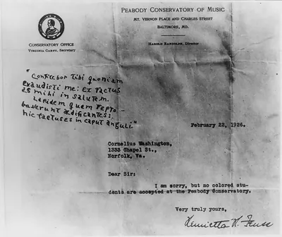 [Letter on official stationary from the Peabody Conservatory of Music, Baltimore, Md., notifying an applicant that no colored students are accepted"]"