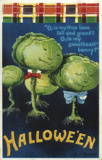Halloween postcard with anthropomorphic cabbages and verse