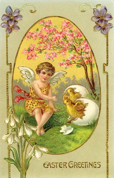 Easter greetings postcard with cherub and chicks